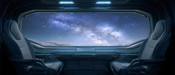 A futuristic spaceship interior with two sleek chairs, offering a breathtaking view of the starry Milky Way through a large window.