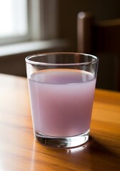 Glass of Lilac Beverage on Wooden Table, Soft Hues and Bright Ambiance