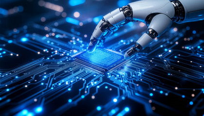 Robot hand interacting with a computer processor, representing artificial intelligence and technology