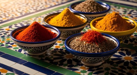 Aromatic spices in bowls on colorful zellige tile