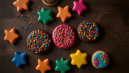 Festive decorated cookies on a dark wooden surface, featuring chocolate sandwich cookies with colorful sprinkles and vibrant star-shaped sugar cookies in bright icing colors.