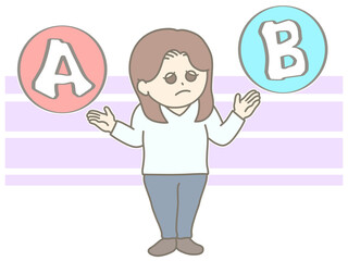 A案とB案の2択を比較する女性のイラスト　困り顔