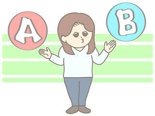 A案とB案の2択を比較する女性のイラスト　おどけた顔