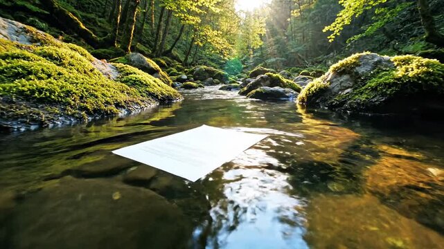 A blank white paper floats downstream in a sun-dappled forest creek.