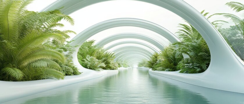 Futuristic nanotechnology canal with lush green plants and flowing water under a series of curving white arches, representing organic integration and advanced design.