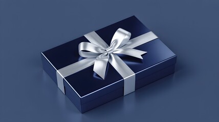 A sleek dark blue gift box with a shiny silver ribbon and bow presented at an angle on a matching blue background
