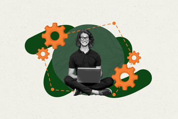 Poster pop collage of person stand use netbook on grey background with gear cog