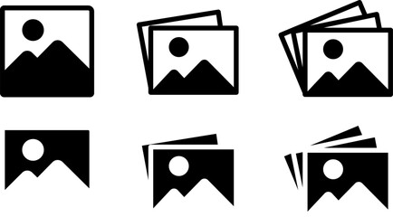 Image and gallery icon sets, black silhouette concept of photo albums and digital image storage, essential for multimedia interface elements