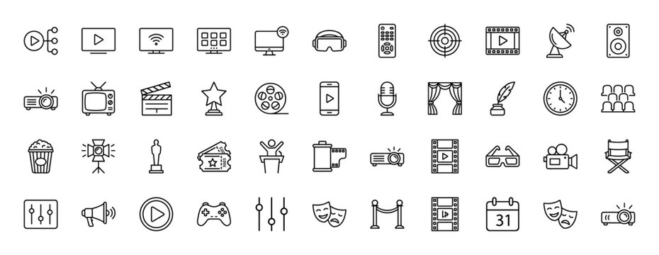 Media production and entertainment vector line icon set. Thin linear pictograms for film, TV, cinema, and digital media.