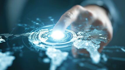 Business professional touching futuristic global digital interface with advanced holographic data network - Powered by Adobe