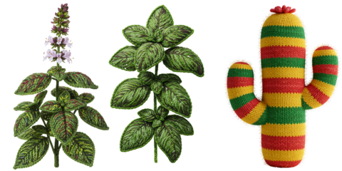 Three decorative plants including a cactus pi ata and two green leafy plants