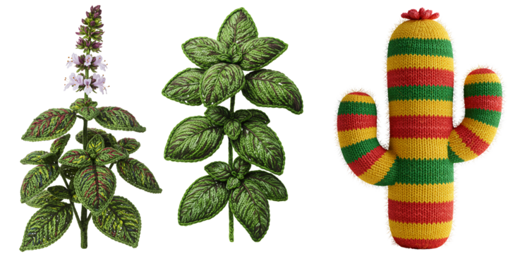 Three decorative plants including a cactus pi ata and two green leafy plants