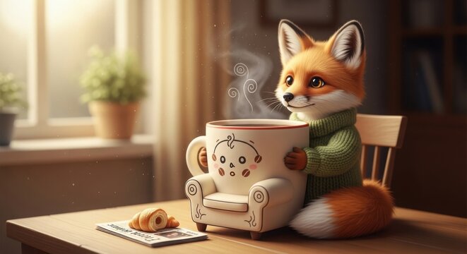 Cute fox character drinking coffee indoors