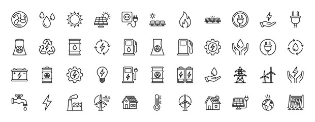 Energy and ecology line icon set. Vector pictograms of solar panels, wind turbines, power plants, batteries, electric plugs, and environmental elements, thin linear illustration.