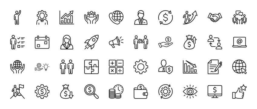 Business and finance line icon set, depicting growth, money, global communication, teamwork, startups, and process automation. - Powered by Adobe