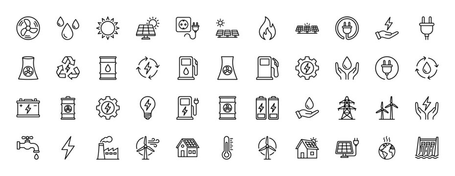 Energy and ecology line icon set. Vector pictograms of solar panels, wind turbines, power plants, batteries, electric plugs, and environmental elements, thin linear illustration.
