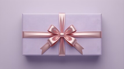Top down view of a lilac gift box wrapped with a shiny pink satin ribbon tied in a classic bow on a monochromatic purple background