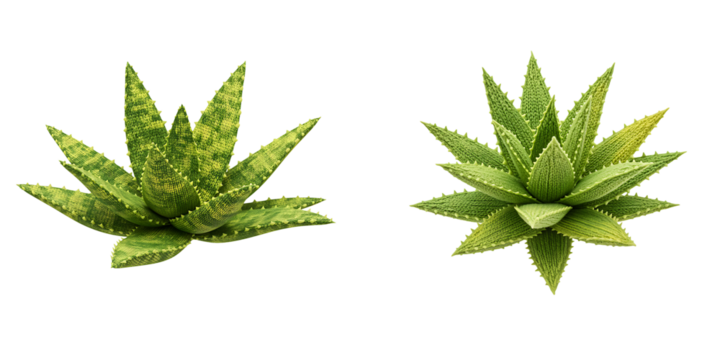 Two aloe vera plants with green spotted leaves on black background