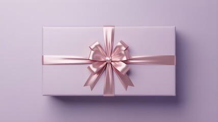 Top down view of a lilac gift box wrapped with a shiny pink satin ribbon tied in a classic bow on a monochromatic purple background