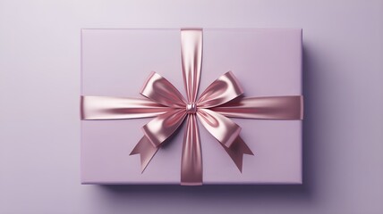 Top down view of a lilac gift box wrapped with a shiny pink satin ribbon tied in a classic bow on a monochromatic purple background