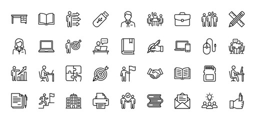 Business and education line icon set. Vector pictograms of briefcase, book, meeting, laptop, target, document, handshake, building, printer, thin linear illustration.