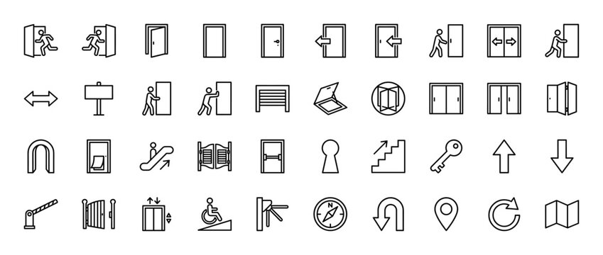 Navigation and access icon set. Vector pictograms of various doors, exits, entrances, arrows, keys, and directional symbols, thin linear illustration.