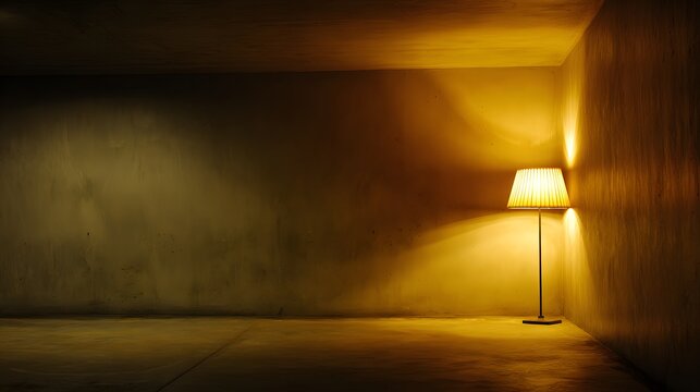 Minimalist Interior with Warm Glowing Floor Lamp in a Dark Room.