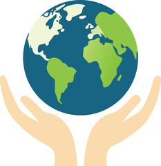 Hands holding planet earth icon, symbol of global care and environmental protection