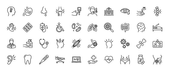 Medical line icon set. Vector pictograms of fever, stomach, nose, hospital, heart, lungs, virus, doctor, bone, tooth, pills, headache, muscle, handwash, thin linear illustration.