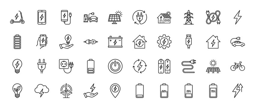 Energy and electricity line icon set. Vector pictograms of electric plugs, charging devices, solar panels, wind turbine, batteries, and electric vehicles, thin linear illustration.