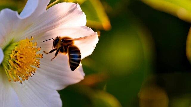 Bee Pollinating White Flower in Sunlight
