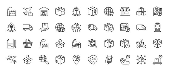Logistics line icon set. Vector pictograms of shipping boxes, delivery vehicles, warehouse, factory, airplane, ship, globe, location pin, and shopping basket, thin linear illustration.