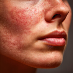 Fototapeta premium A close-up of a person's face showcasing skin imperfections, with visible redness and texture variations around the cheeks and nose area.