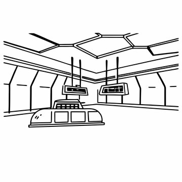 A futuristic airport terminal with glowing red hexagon walls and an old-school split-flap departure board flipping rapidly.