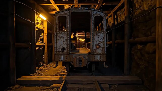 Abandoned rusty mine train carriage deep underground dark tunnel weathered wood supports rough