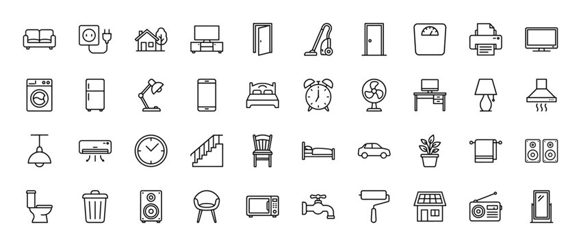Home and living line icon set. Vector pictograms of household items, furniture, appliances, and real estate, thin linear illustration.