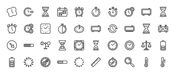 Fototapeta premium Time and measurement line icon set. Vector pictograms of clocks, calendar, hourglass, stopwatch, thermometer, battery, ruler, compass, and scales, linear illustration.