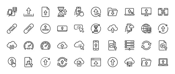Data transfer and cloud computing line icon set. Vector pictograms of uploads, downloads, servers, cloud storage, smartphones, and files, thin linear illustration.