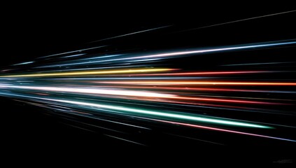 Streaks of light in various colors converge on a black background