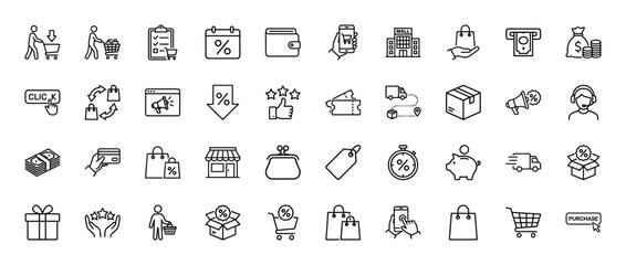 Shopping and e-commerce line icon set. Vector pictograms of mall, shopping cart, smartphone, wallet, money bag, delivery truck, gift box, and customer support, thin linear illustration.