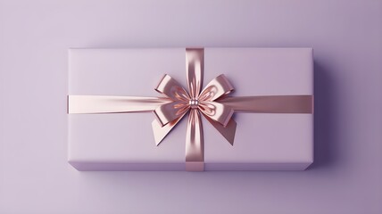 Minimalist shot of elegant light lavender rectangular gift box with shiny rose gold ribbon bow placed on solid color backdrop