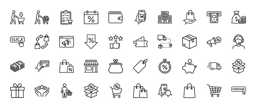 Shopping and e-commerce line icon set. Vector pictograms of mall, shopping cart, smartphone, wallet, money bag, delivery truck, gift box, and customer support, thin linear illustration.