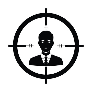 Black and white vector graphic of a businessman silhouette centered in a sniper scope crosshair symbol.