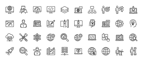 Web development and digital marketing line icon set. Vector pictograms of laptop, monitor, globe, code, server, idea, search, design tools, thin linear illustration.