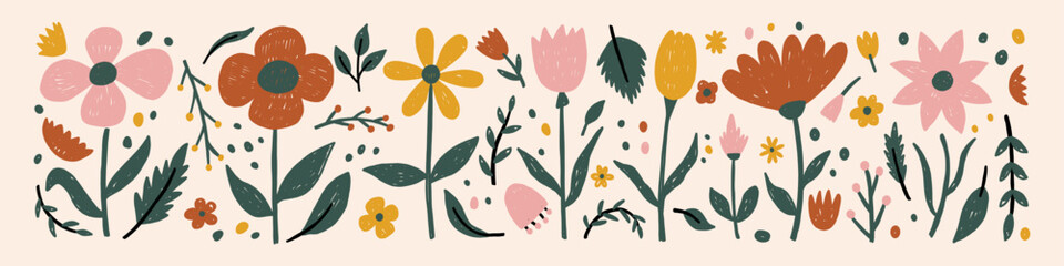 Set of hand drawn flowers with crayon. pastel or chalk texture. Floral illustration of autumn or summer grass and plants.