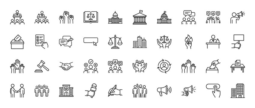 Government and political affairs line icon set. Vector pictograms of speaker, capitol, justice scales, voting, protest, megaphone, and participation, thin linear illustration. - Powered by Adobe