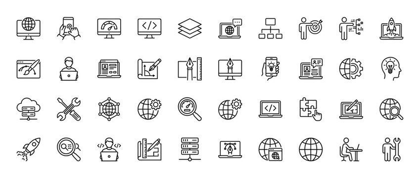 Web development and digital marketing line icon set. Vector pictograms of laptop, monitor, globe, code, server, idea, search, design tools, thin linear illustration.