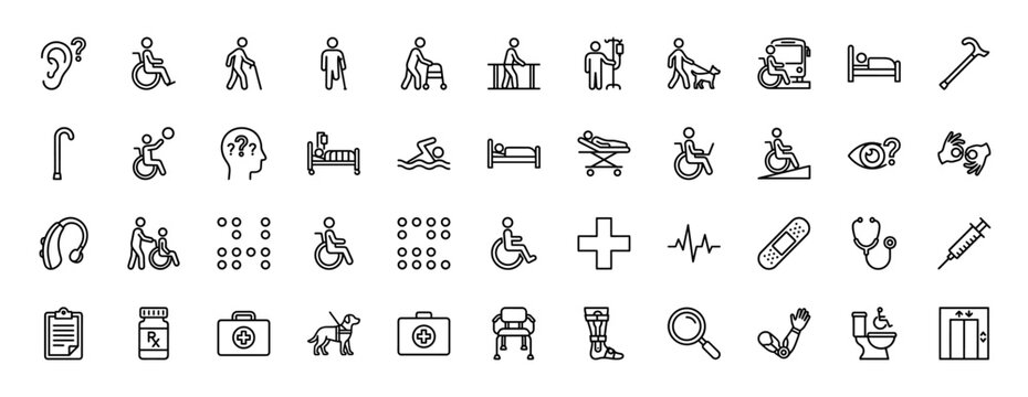 Disability and accessibility line icon set. Vector pictograms of wheelchair users, support devices, medical equipment, and communication aids, thin linear illustration.