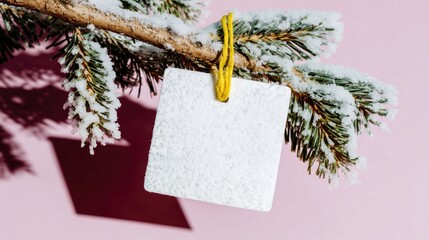 Christmas pine branch covered in snow, white blank tag attached with yellow string, set against soft pink background, ideal for holiday greeting card, festive decor or seasonal gift label design.