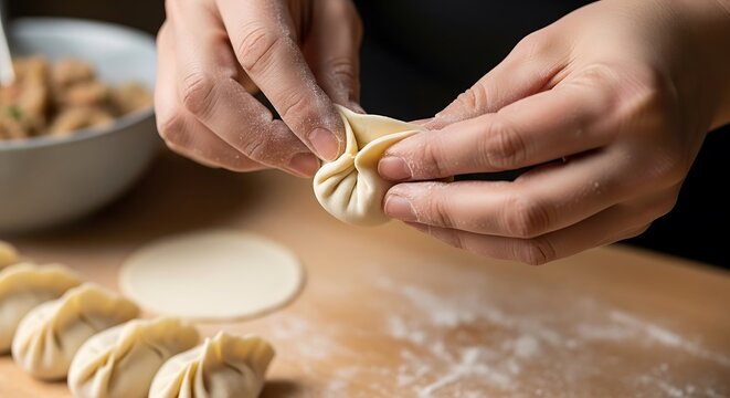 Crafting homemade dumplings meticulous hands shaping dough culinary preparation process - Powered by Adobe